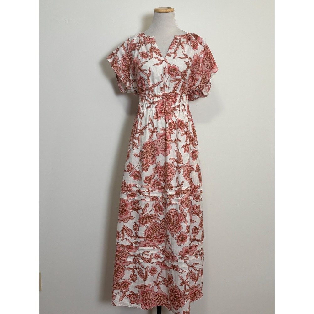 Tahari Womens Linen Blend Cottage Floral Maxi Dress Size L Smocked Waist Tiered